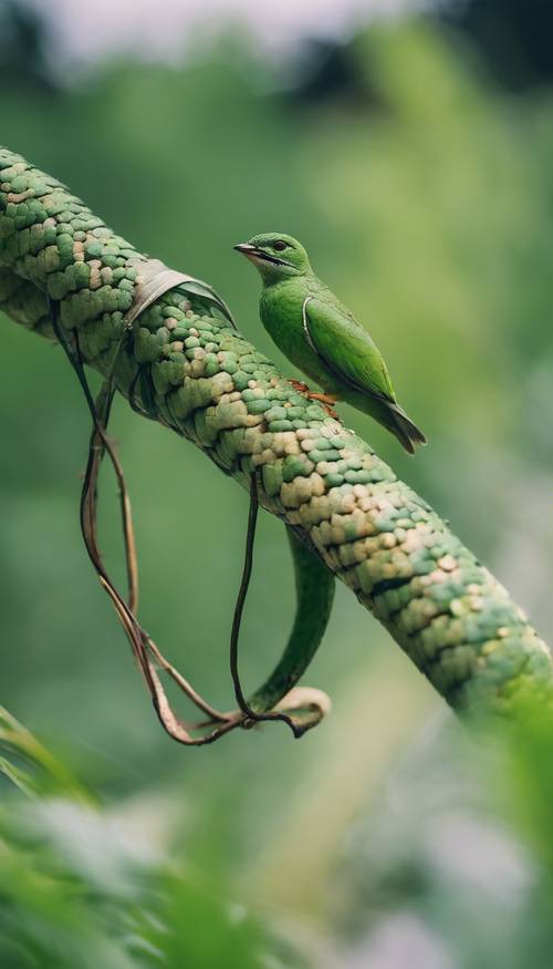 Amitié précaire : un petit oiseau perché sur la tête d&#39;un serpent vert indifférent.