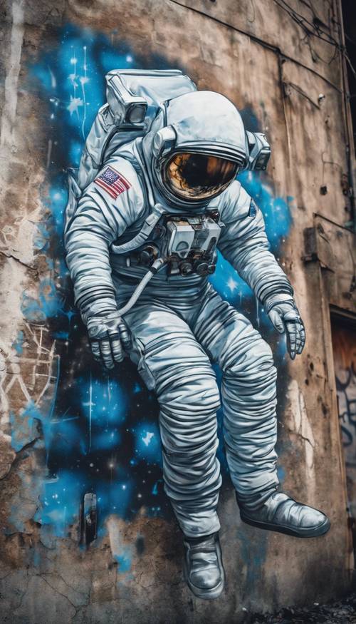 Graffiti azul detallado de un astronauta flotando en el espacio, pintado con aerosol en la pared de una fábrica abandonada.