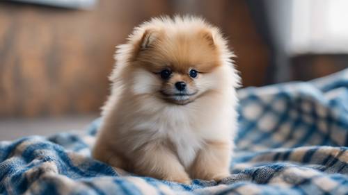 Teacup pomeranian puppy sitting on a blue plaid reversible blanket.