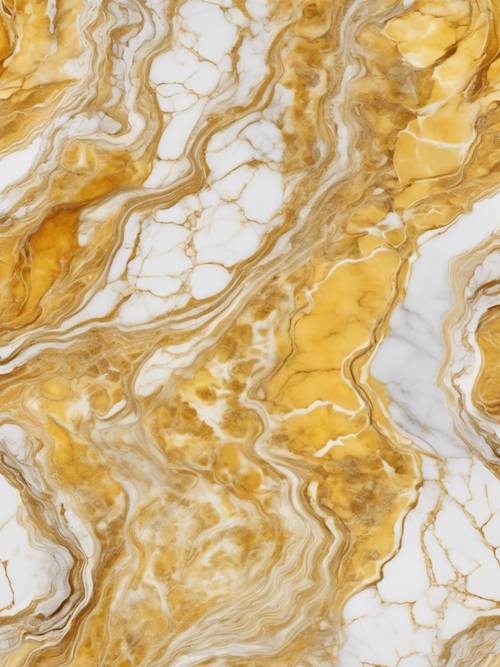 Nahtloses, detailliertes Muster aus gelbem Marmor mit darüber fließenden, geschwollenen weißen Adern.