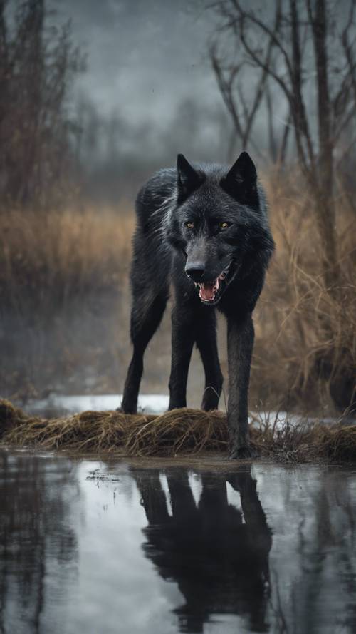 Un lupo nero stanco che attraversa una palude inquietante sotto un cielo tempestoso.