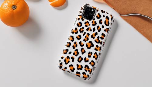Parlak turuncu bir masanın üzerinde şık beyaz leopar desenli cep telefonu kapağı.