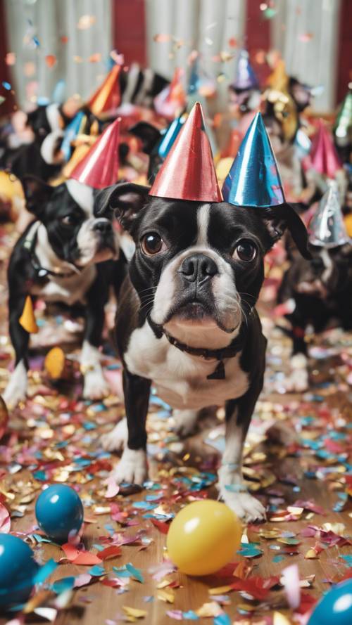 A crowd of boston terriers in party hats, celebrating a birthday with confetti.