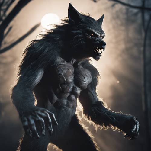 Manusia serigala saat bertransformasi, terperangkap dalam sorotan cahaya bulan.