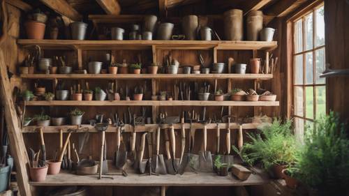 Peralatan berkebun tertata rapi di gudang kayu di sebuah peternakan kecil.