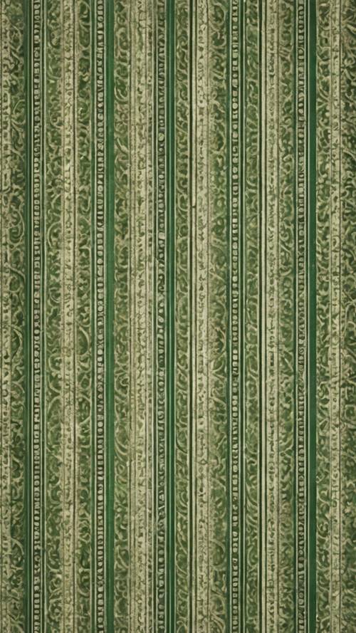 Un patrón de papel tapiz antiguo y ornamentado detallado con rayas verdes verticales.