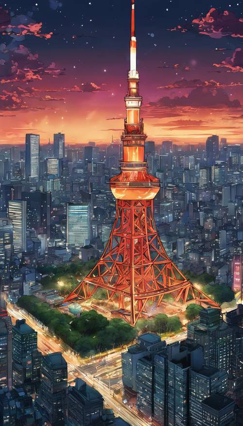 منظر جوي لبرج طوكيو، مضاء ليلاً ومحاطًا بمناظر مدينة طوكيو، مرسومًا بأسلوب الرسوم المتحركة.