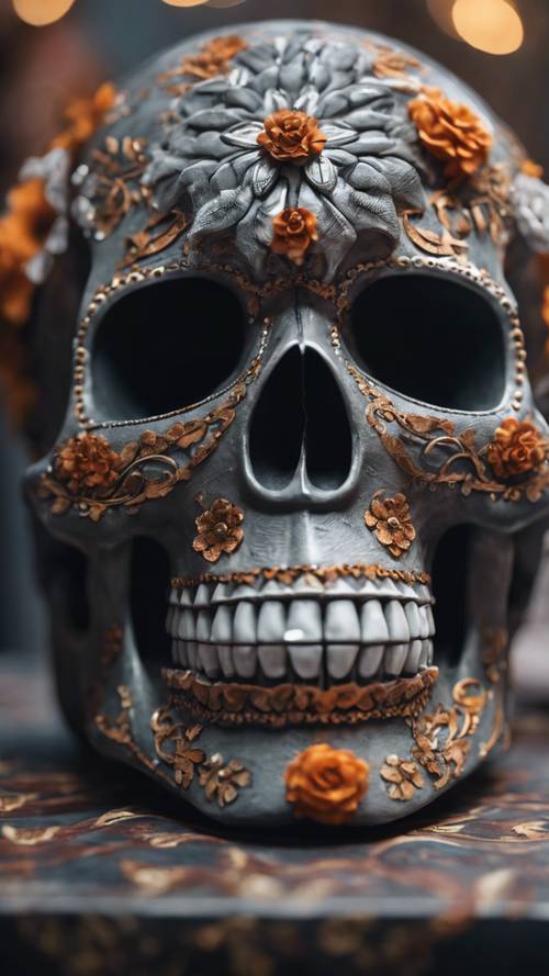 A decorated gray skull used as a center piece for a Day of the Dead celebration.