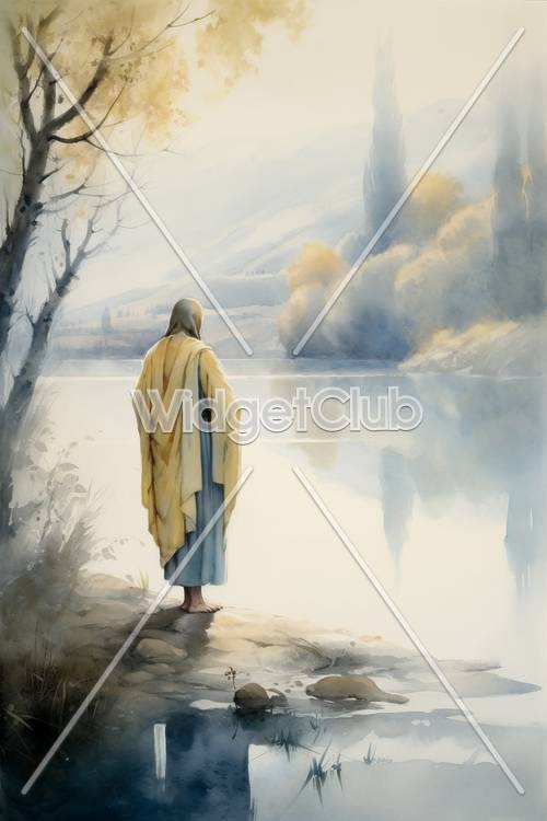 Misty Lake Morning with Solitary Figure in Yellow Cloak壁紙[4b328a9a71cb4abbae6b]