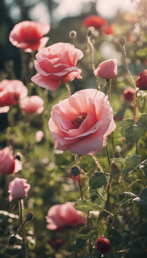 Mawar merah muda dan bunga poppy merah tumbuh di taman yang rimbun.