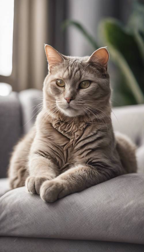 一只米色的猫躺在现代家居的灰色沙发上。