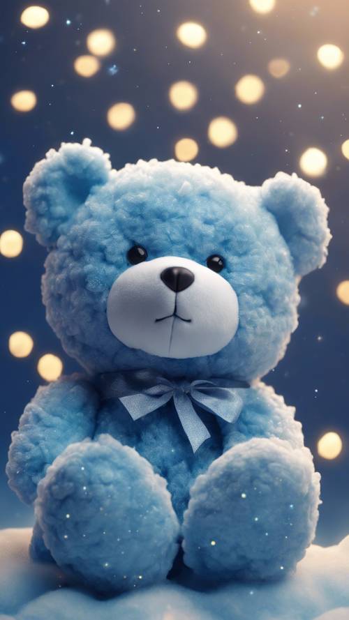 Yıldızlı bir gece gökyüzünde kabarık bir bulutun üzerinde oturan mavi bir kawaii oyuncak ayı.