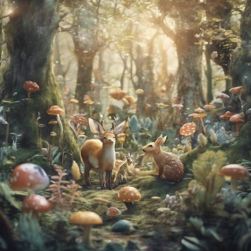 Una foresta stravagante piena di creature e flora, disegnata in stile acquerello.