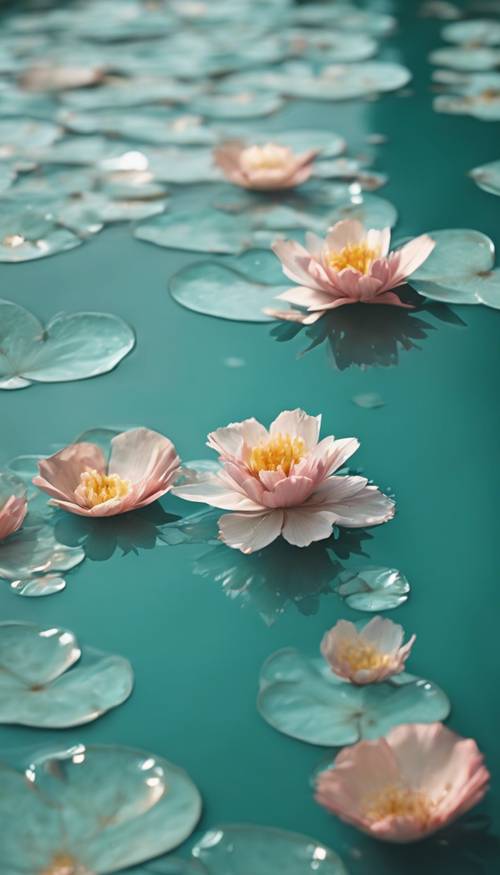 Türkisfarbene Blütenblätter schwimmen auf der Oberfläche eines ruhigen Teichs.