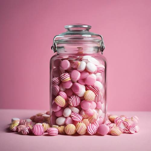 玻璃罐里装有一堆堆老式的粉色和白色条纹糖果。