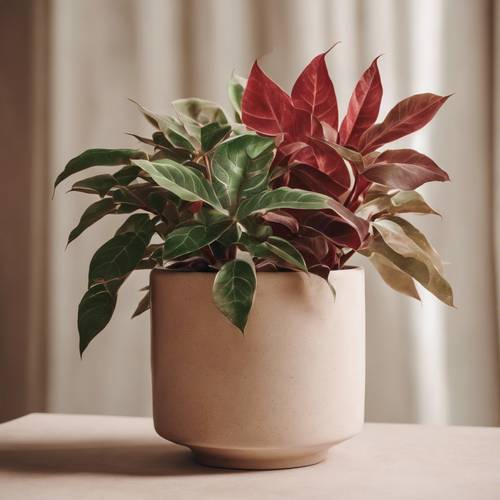 An aesthetic plant with red and green leaves in a beige ceramic pot.