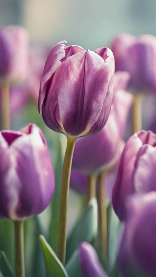 Pojedynczy, elegancki tulipan o bogatych fioletowych odcieniach w delikatnym pastelowym otoczeniu.