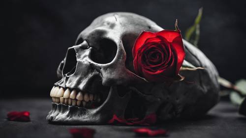 Szara czaszka z pojedynczą czerwoną różą ściskaną w zębach, osadzona na ciemnym tle.