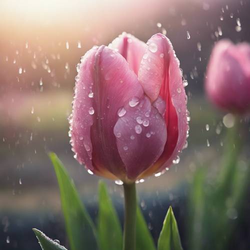 Uma tulipa rosa murcha coberta por um leve orvalho matinal, simbolizando o fim do florescimento da primavera.