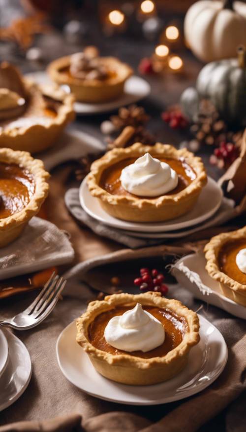 Mini tartas de calabaza individuales servidas con crema batida en una mesa festiva de Acción de Gracias.