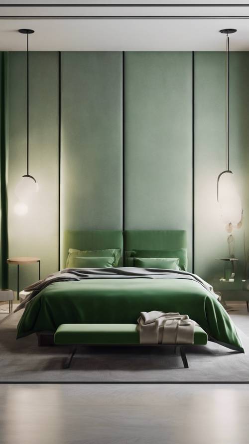 A bedroom designed in the minimalist style, with green bed linens, sleek furniture, and a simple piece of abstract green artwork on the wall.