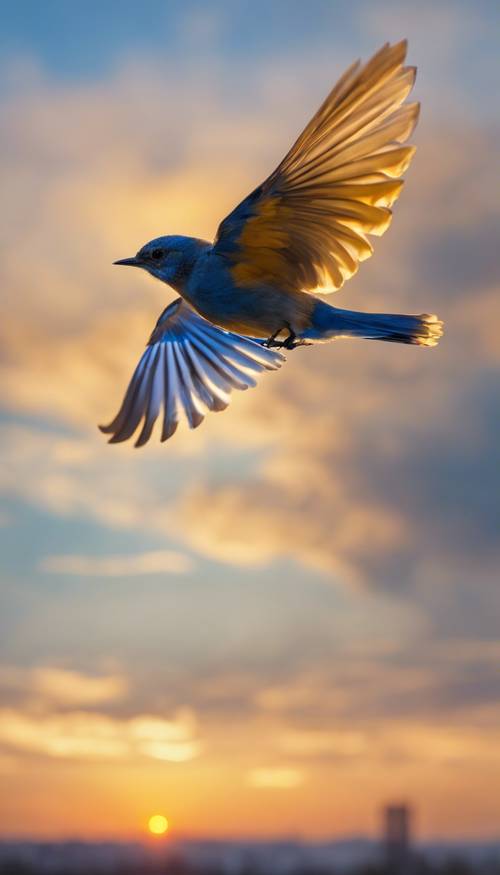 Seekor burung biru terbang dengan latar belakang matahari terbenam, menunjukkan warna kuning dan biru yang indah.