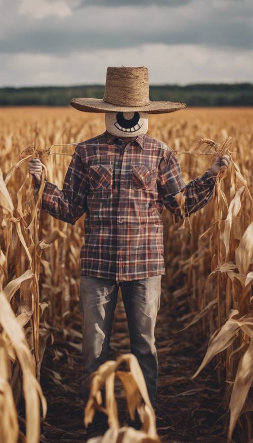 Klasyczna koszula w kratę w stylu vintage ze strachem na wróble pośrodku jesiennego pola kukurydzy.