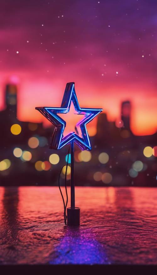 Иконографическое изображение ретро-звезды с неоновым светом и насыщенными цветами, запечатленное во время яркого заката.