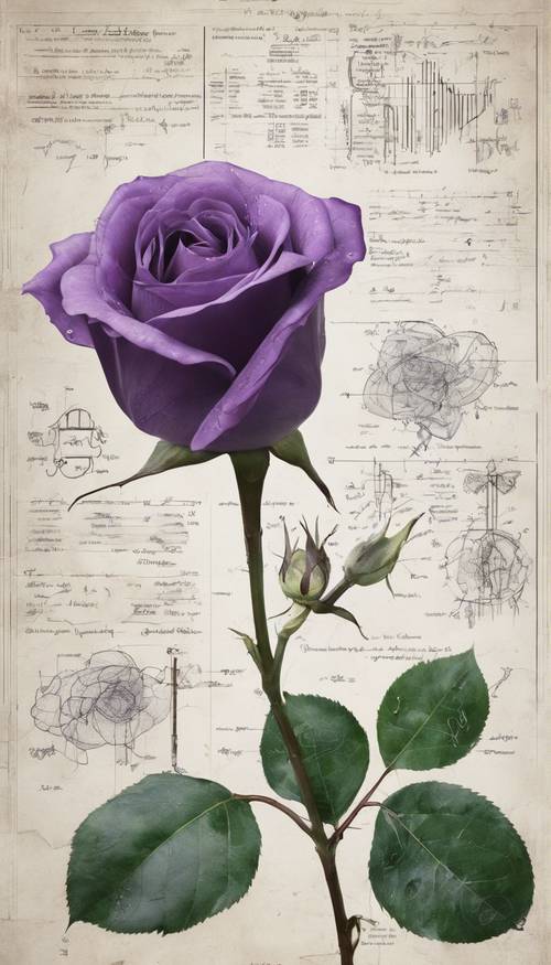 Ботанический рисунок фиолетовой розы с научными аннотациями.