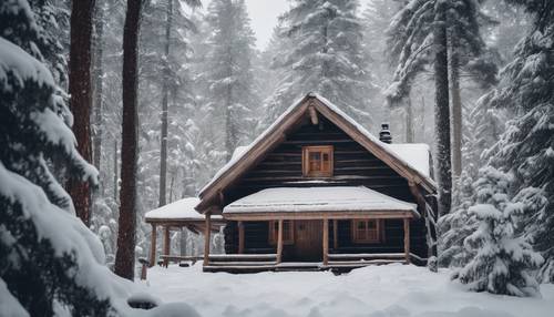 Eine urige Hütte inmitten eines dichten, schneebedeckten Kiefernwaldes.