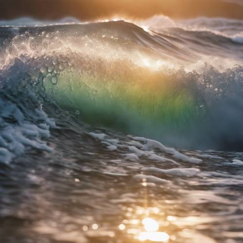 Сверкающая радуга, возникшая из брызг величественной океанской волны на восходе солнца.