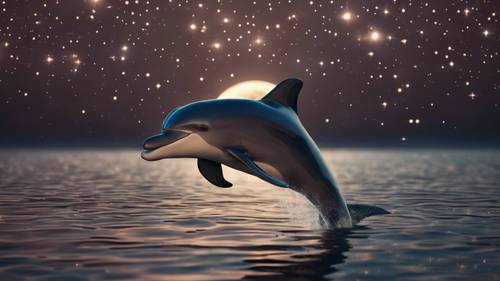 A celestial scene of a dolphin-shaped constellation shining brightly in the star-lit night sky.