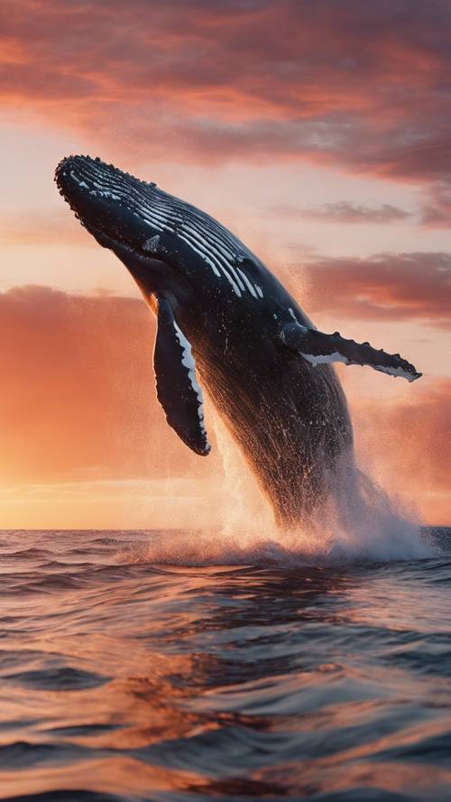 Seekor paus bungkuk yang bahagia melintasi permukaan laut saat matahari terbit yang kemerahan.