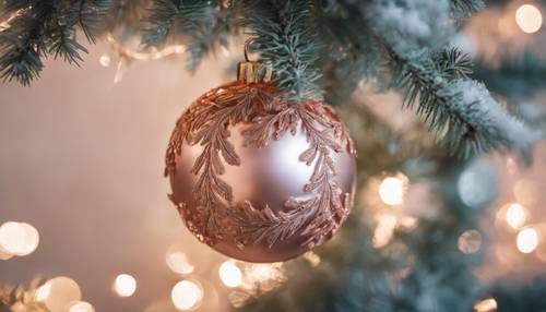 Un adorno de oro rosa atrapado en las ramas heladas de un árbol de Navidad.