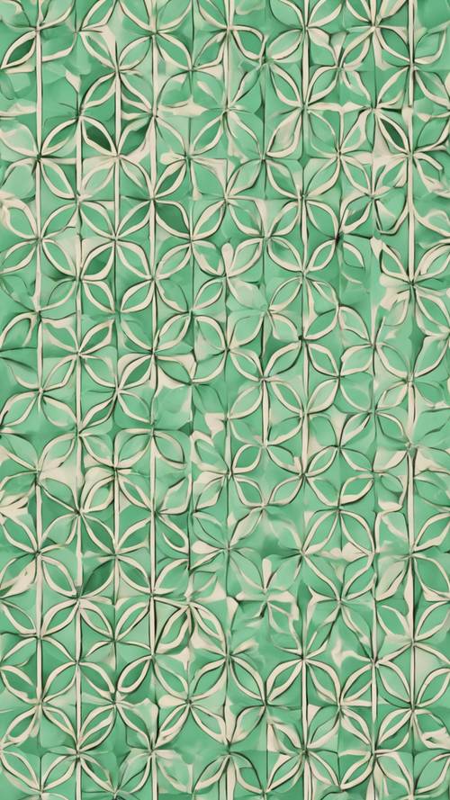 Abstract geometric pattern in mint green over soft cream cloth.