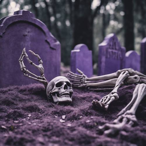 보라색 묘비와 땅에서 뻗어 나온 해골 손으로 가득한 소름 끼치는 묘지.