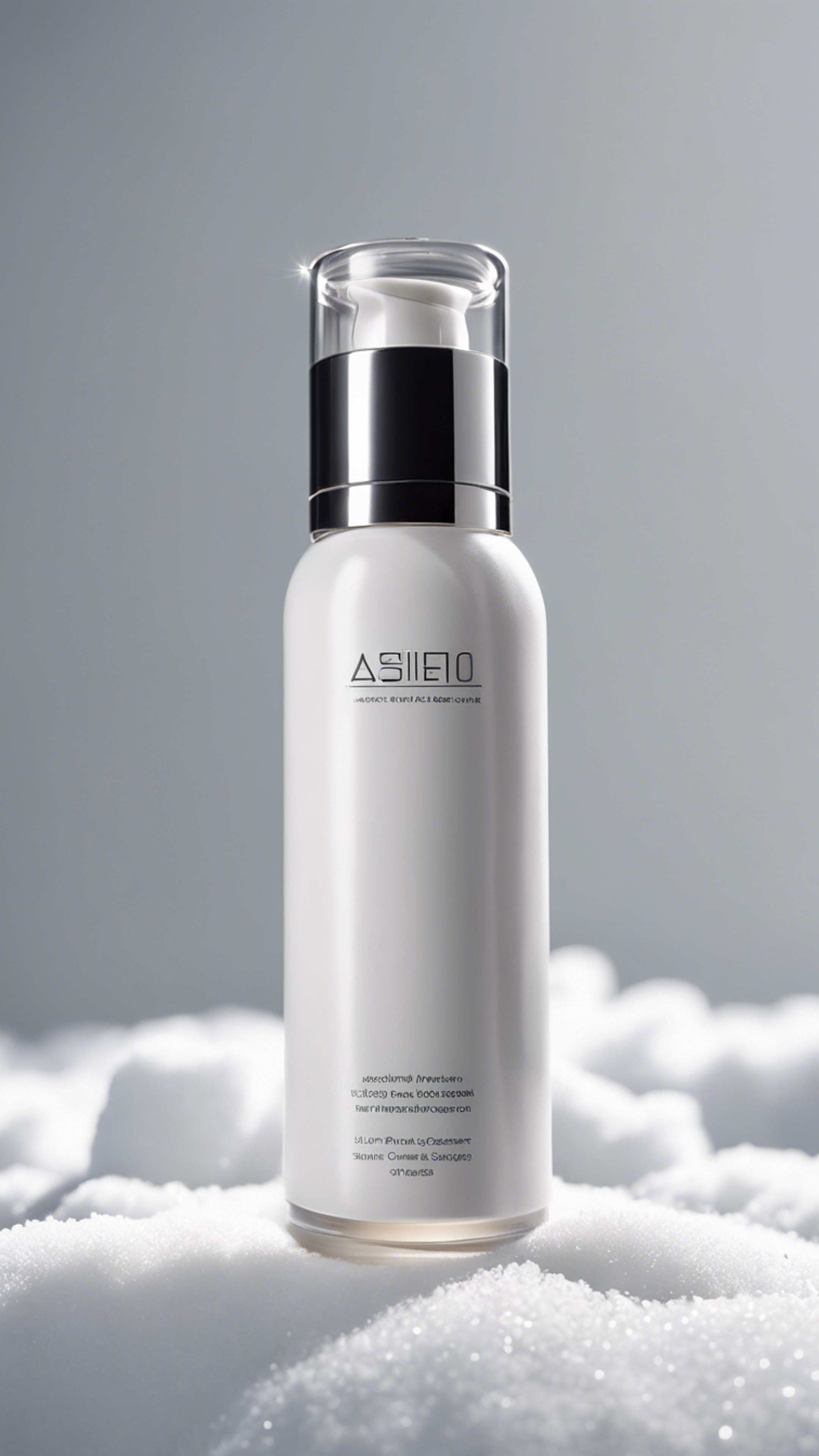 An ultra-modern minimalist skincare bottle standing against a snowy white background. Шпалери[b1a5dfd34b8b4ed6bae8]
