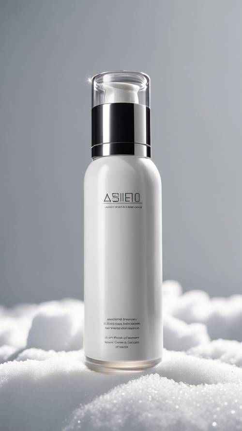 An ultra-modern minimalist skincare bottle standing against a snowy white background.