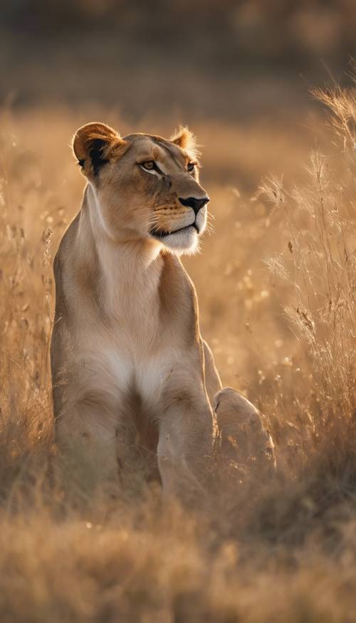 A lioness elegantly watching over her cubs playing in the sun-speckled grass during golden hour.
