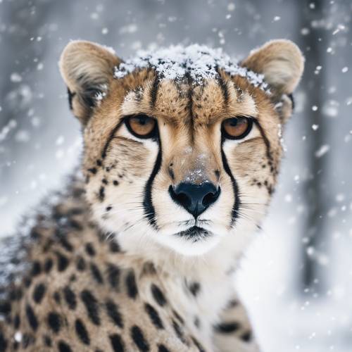 Surrealistyczne przedstawienie geparda na polu śnieżnym, którego plamy blakną do srebrzystobiałego na tle nieskazitelnego śniegu.