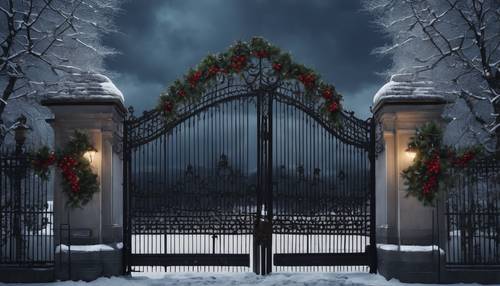 A heavy iron gate, adorned with holly and frost, closing off a lonely, Christmas-decorated mansion under a dark winter sky.