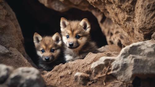 A mini pack of three timid wolf pups with fluffy tails, peeking out from a hidden cave. Ταπετσαρία [180e7839a9054eed879f]
