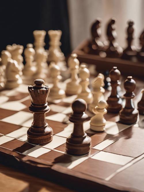 Biało-brązowa szachownica w stylu vintage z figurami gotowymi do gry
