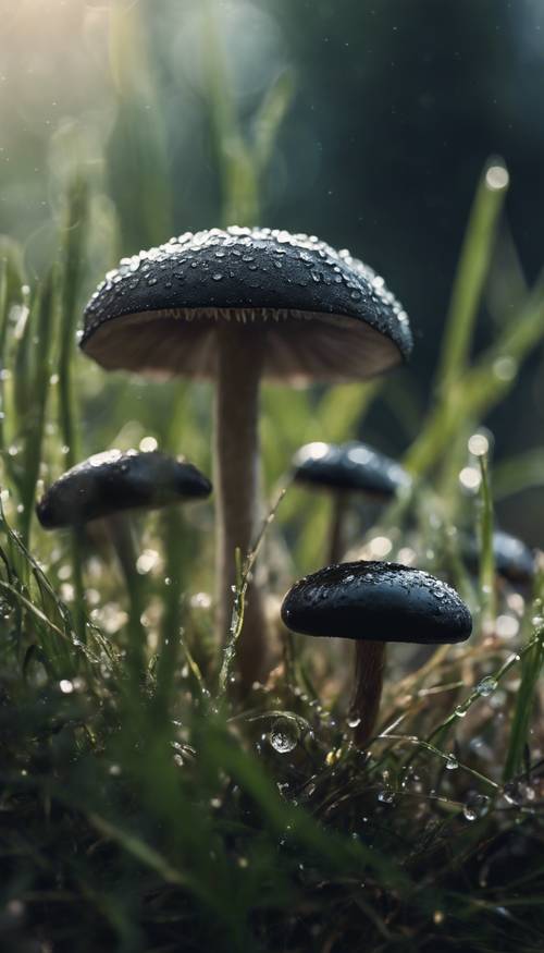 A black mushroom nestled amongst blades of dew-kissed grass. Tapet [712e5bf6ff424dae81c8]