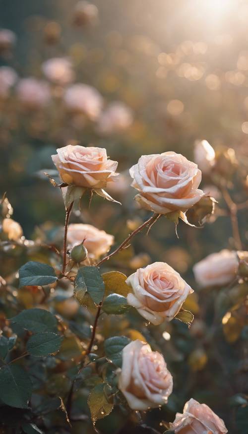 一簇榛色的玫瑰，上面沾满了淡淡的晨露。