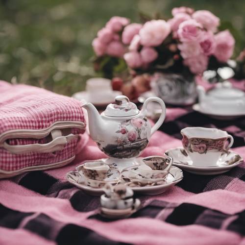 A cheery picnic scene with pink and black checkered blankets and antique tea sets.