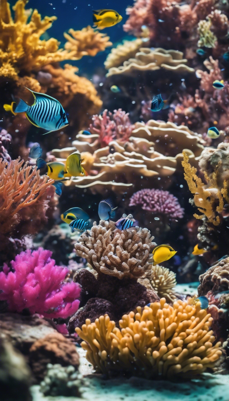 A tropical underwater scene showcasing a vibrant coral reef teeming with various types of fish. Wallpaper[1e28dceedc944ed7bd82]