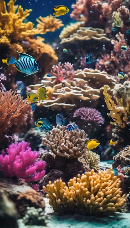A tropical underwater scene showcasing a vibrant coral reef teeming with various types of fish. Divar kağızı [1e28dceedc944ed7bd82]