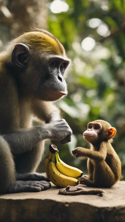 Une banane et un singe discutant dans un décor surréaliste type Alice au Pays des Merveilles.