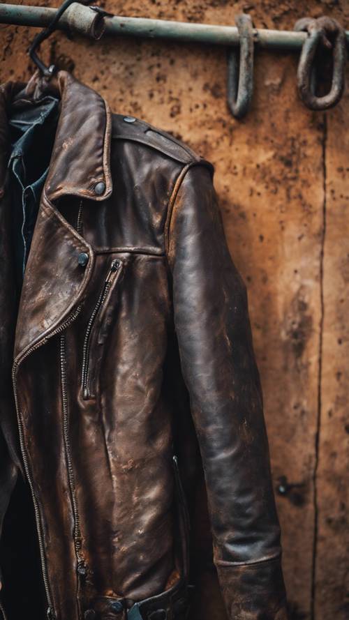 一件破旧的皮夹克挂在生锈的钩子上。